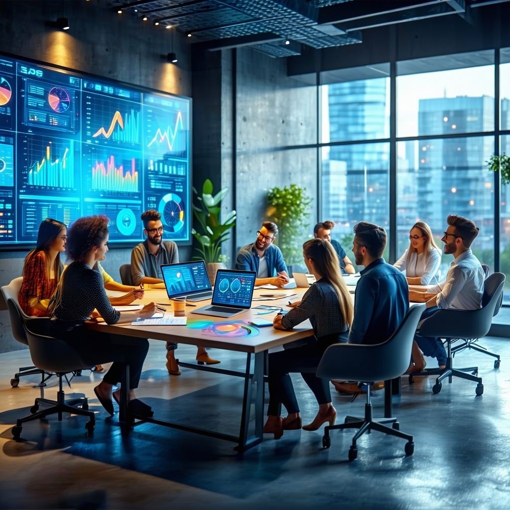 The image showcases a sleek modern workspace filled with digital screens displaying vibrant graphs and analytics A diverse team of professionals collaborates around a large table immersed in discussion with laptops open and notes scattered Bright ins